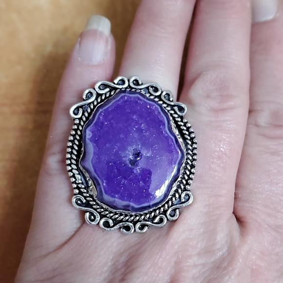 New Huge Purple Agate Druzy 925 Silver Statement Ring. - Picture 3 of 8